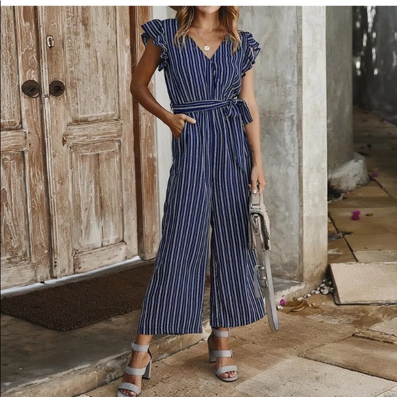 Striped Ruffle-Sleeve Jumpsuit - Picture 7 of 7